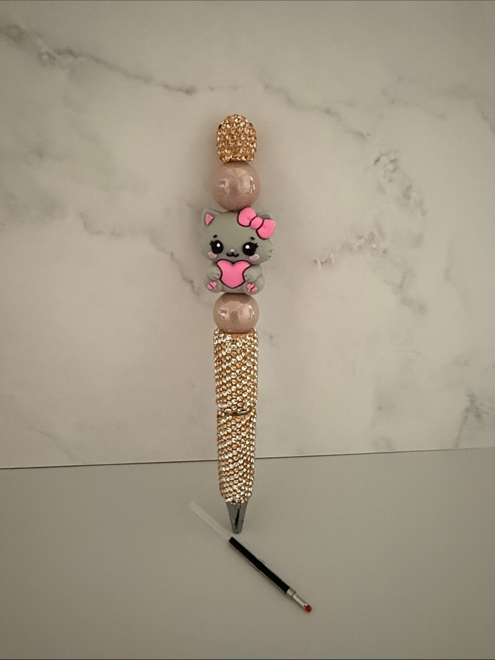 Rhinestone Kitten Gold and Pink Bead Pen: Handmade Comes with black ink refill.
